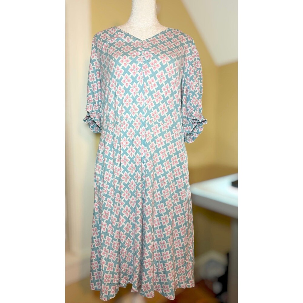 Boden Womens Jersey Dress V-Neck UK 18R US 14R Blue White Geometric